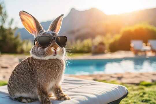 A rabbit enjoys a sunny day on a comfortable lounger. The pool glistens in the background while mountains rise majestically under warm tones. Its a perfect scene of relaxation