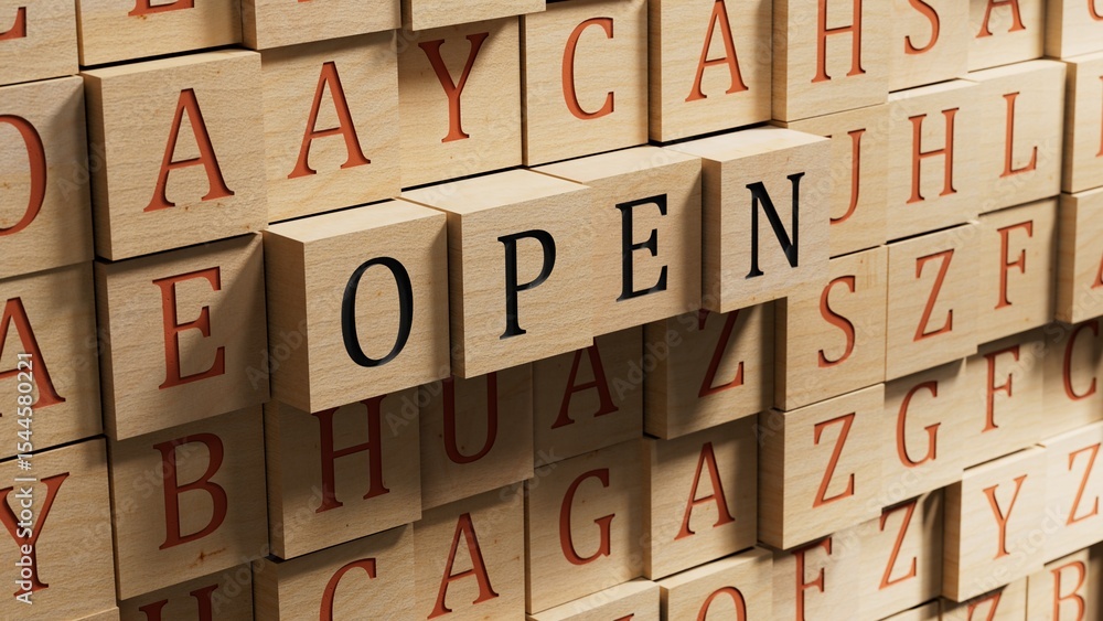 Poster open.wooden blocks spelling.flat lay view from above on wooden background with wooden blocks buttons