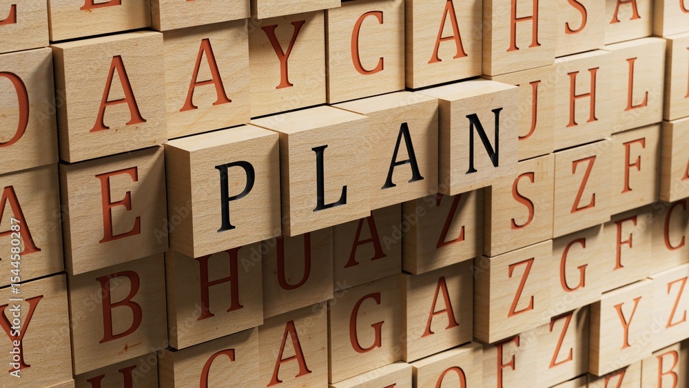 Poster plan. wooden blocks spelling.flat lay view from above on wooden blocks buttons.it technology concept