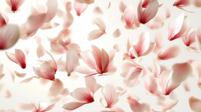 Swirling magnolia petal rain on white background, soft aesthetic motion for seamless nature-inspired stock video clips