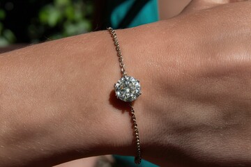 Wrist displaying delicate chain bracelet with bright circular gemstone center