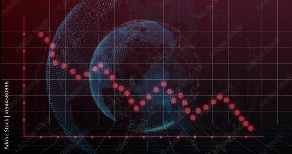 Poster grid and globe appearing, red data points emerging and forming zig-zag downward trend visualization