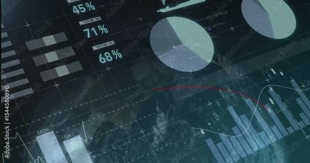 Poster holographic interface animating circular progress down, causing charts and graphs displaying update
