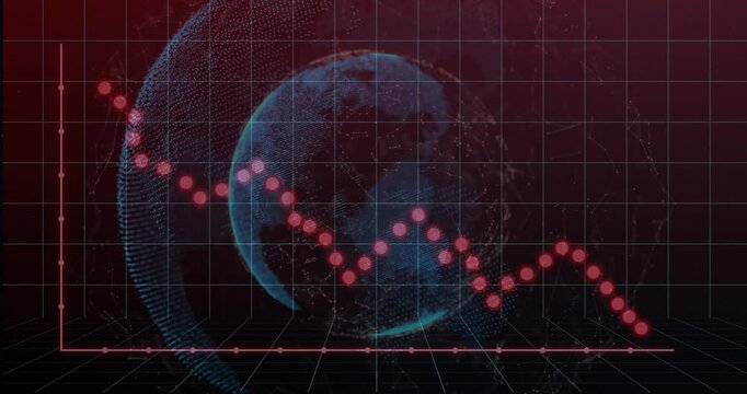 Grid and globe appearing, red data points emerging and forming zig-zag downward trend visualization - Powered by Adobe