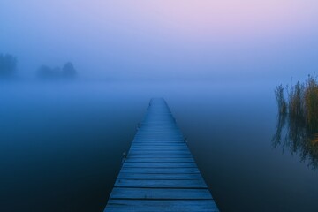 Obraz premium A tranquil dock stretches into a fog-enshrouded lake during dawn, enveloped in soft light. The landscape exudes calmness and mystery, inviting contemplation and reflection