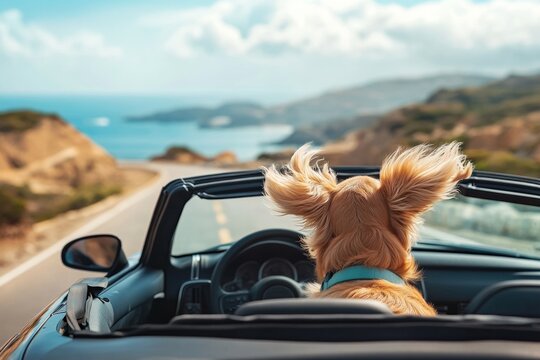 A dog enjoys the thrill of a ride in a convertible car along a breathtaking coastal road. The wind makes its ears flap as it takes in the beautiful scenery