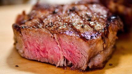 Juicy medium-rare ribeye steak, perfectly grilled. A celebration of rich flavors and culinary mastery.