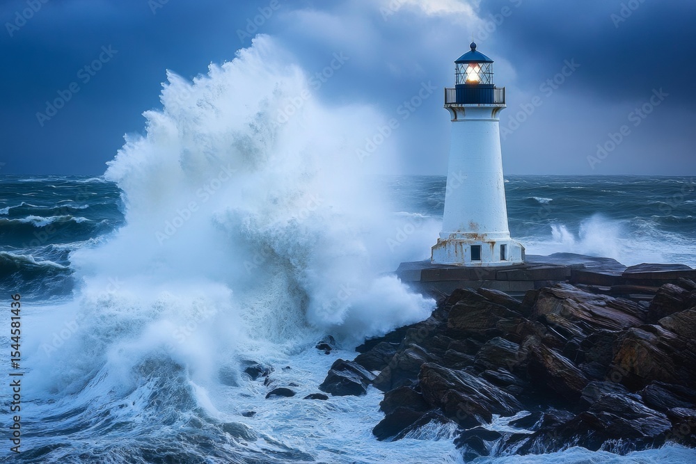 Poster a lighthouse stands resilient on a rocky shoreline as waves crash with force against its sturdy stru