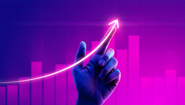 Hand guiding upward trending neon arrow graph