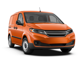 New fictional orange compact cargo panel van front right side corner angle view, isolated on white or transparent background

