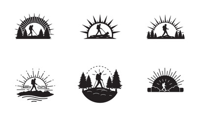 Obraz premium Set of black and white hiking adventure logos featuring rising sun and mountains
