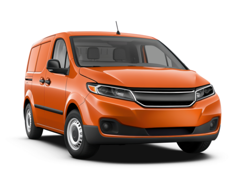 New fictional orange compact cargo panel van front right side corner angle view, isolated on white or transparent background