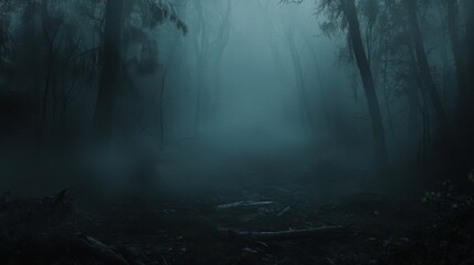 Obraz premium a dark, foggy atmosphere in a once-thriving forest now suffering from both pollution and deforestation,