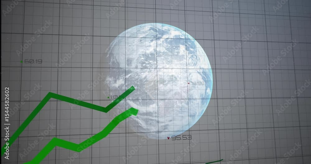 Poster 3d globe displaying numeric labels then two green lines rising then falling visualizing dual trend