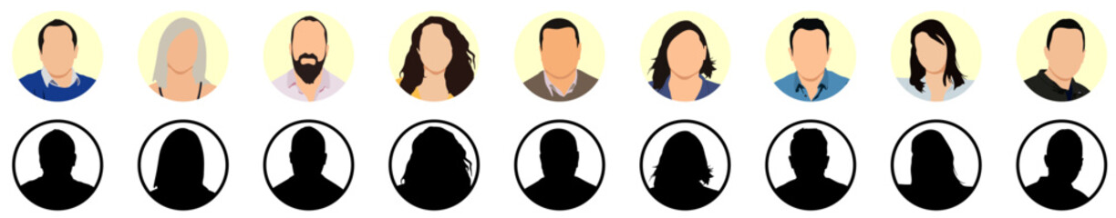 People portraits vector illustration. profile picture User avatars in circles. Collection of male and female human profile face icons. Faceless, Unknown or anonymous person.