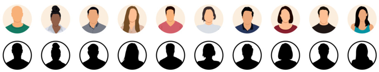 People portraits vector illustration. profile picture User avatars in circles. Collection of male and female human profile face icons. Faceless, Unknown or anonymous person.