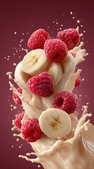 Banana & raspberry mix explodes in a creamy fluid against a red backdrop