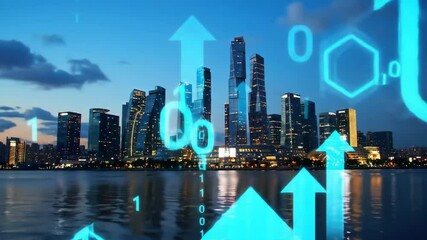 Futuristic cityscape at dusk with digital arrows and data overlays symbolizing growth and technology, photorealistic, animation - Powered by Adobe