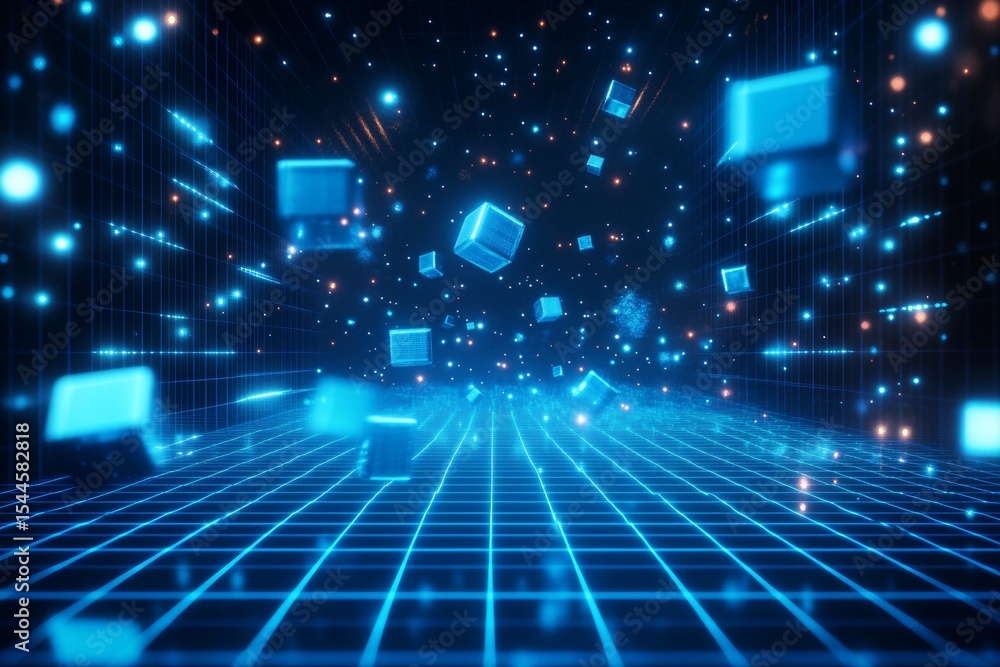 Poster a captivating futuristic environment reveals glowing blue grids interspersed with 3d cubes levitatin