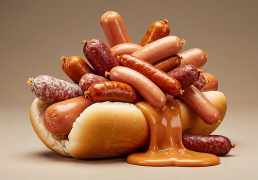 Overloaded hot dog bun with multiple sausages, exaggerated contest style  