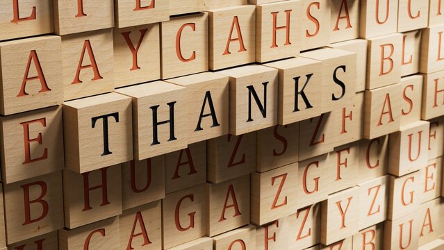 3D illustration of "THANKS" in English, using a classic font. It conveys deep gratitude and is ideal for elegant messaging.wooden blocks.3D rendering on wooden background.