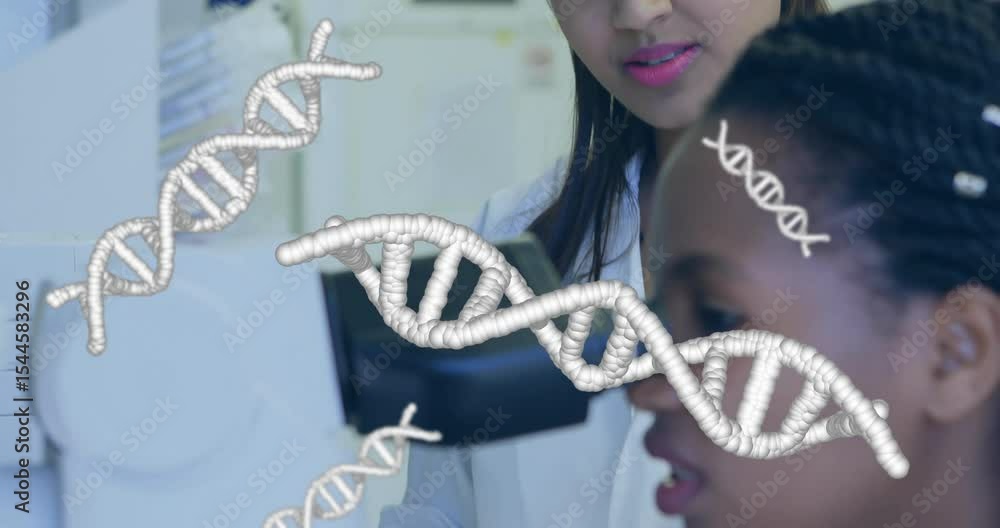 Poster mentor pointing at microscope guiding trainee adjusting focus for genetics with dna helix graphics