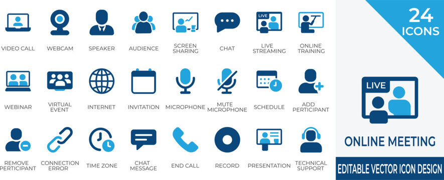 A complete vector icon set covering live video calls, webinars, screen sharing, and participant controls. Ideal for collaboration tools, training platforms, and virtual conferencing 