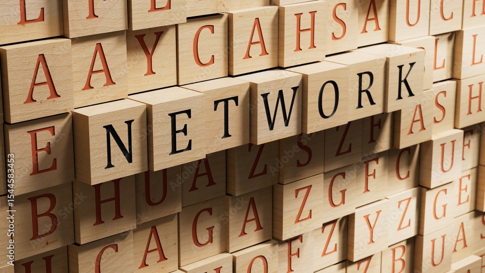 Aufkleber network - word concept. minimalist abstract design with close up of wooden blocks,3d rendering on wo