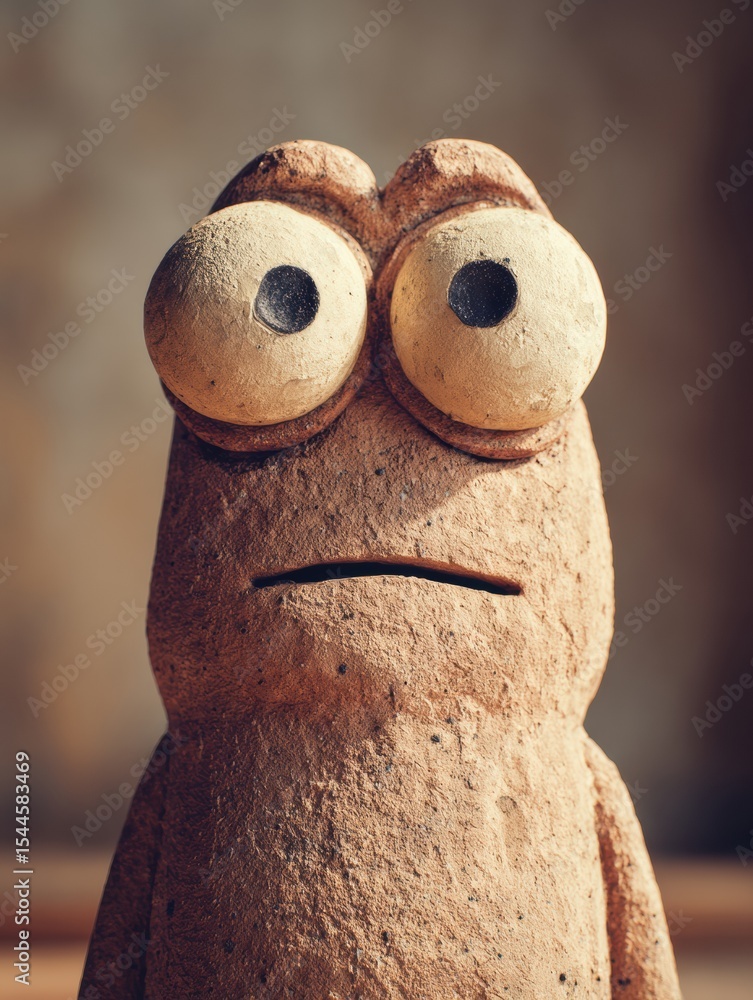Poster Clay Character With Wide Eyes Stands in Minimal Background, Showcasing Unique Craftsmanship and Expressive Features in a Creative Display Setting