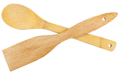 Top view of wooden kitchen spoon and spatula