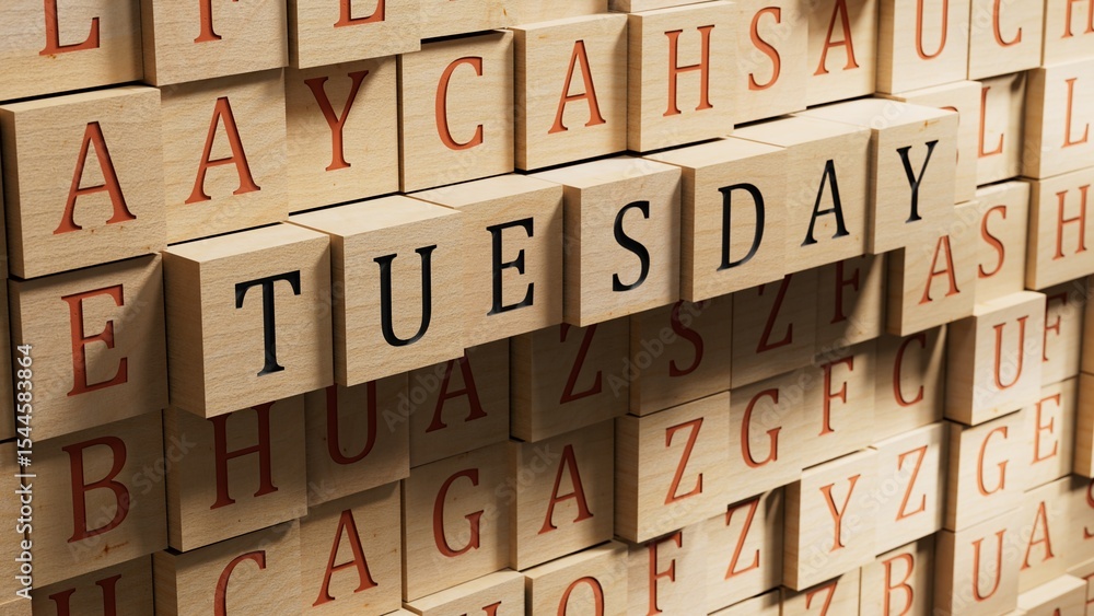 Poster tuesday.wooden blocks spelling.flat lay view with wooden blocks buttons.it technology concept.3d ren