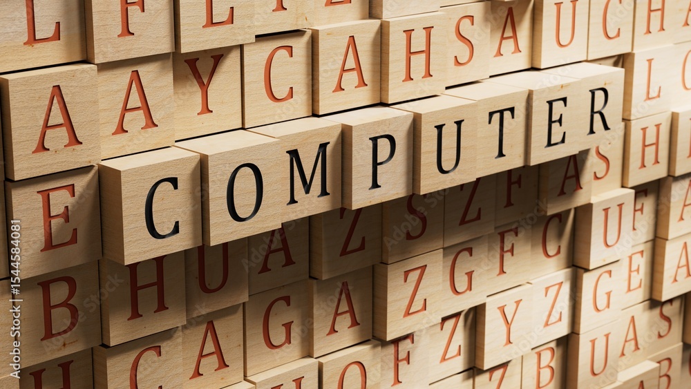 Poster computer.wooden blocks spelling.flat lay view from above on wooden blocks buttons.it technology conc