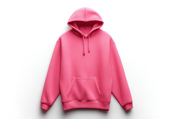 A bright pink hooded sweatshirt is laid flat, centered, against a stark white background, showcasing its comfortable design.