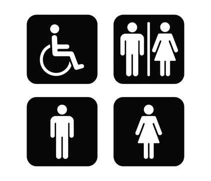 restroom and accessibility icon set with male, female, unisex, and wheelchair symbols on black background for signage and design use