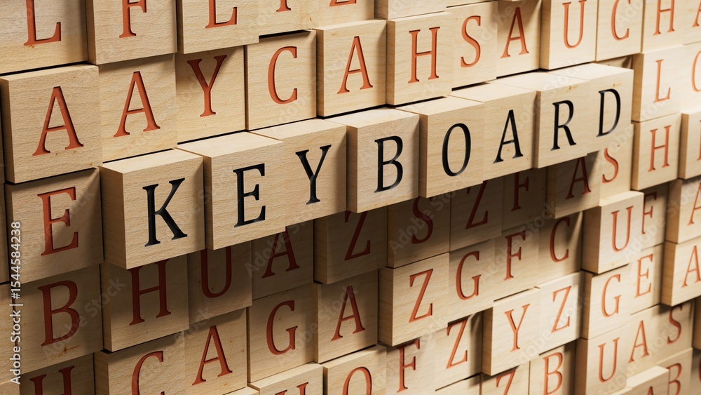 Poster keyboard.wooden blocks spelling.flat lay view from above on wooden background with wooden blocks but