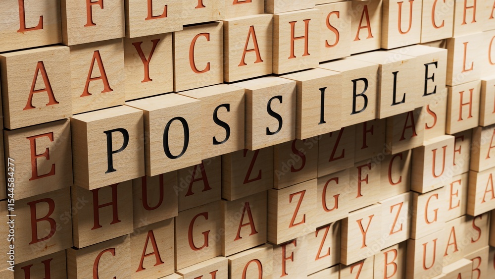 Poster possible.wooden blocks spelling.flat lay view from above on wooden background with wooden blocks but