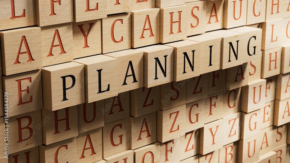 Poster planning.wooden blocks spelling.flat lay view from above on wooden background with wooden blocks but