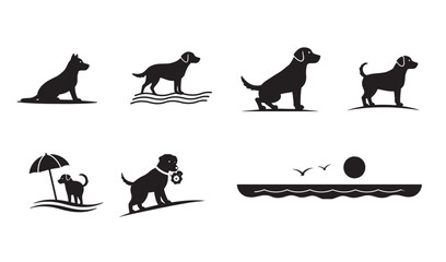Silhouetted dog illustrations showcasing fun activities surfing beach relaxing and enjoying the outdoors