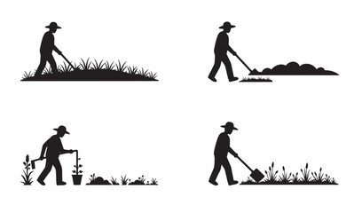 Fototapeta premium Silhouetted gardener engaging in various gardening activities on white background