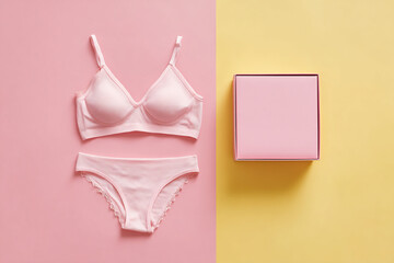 A soft pink matching lingerie set and a square gift box are placed against a two-toned background of pink and yellow.