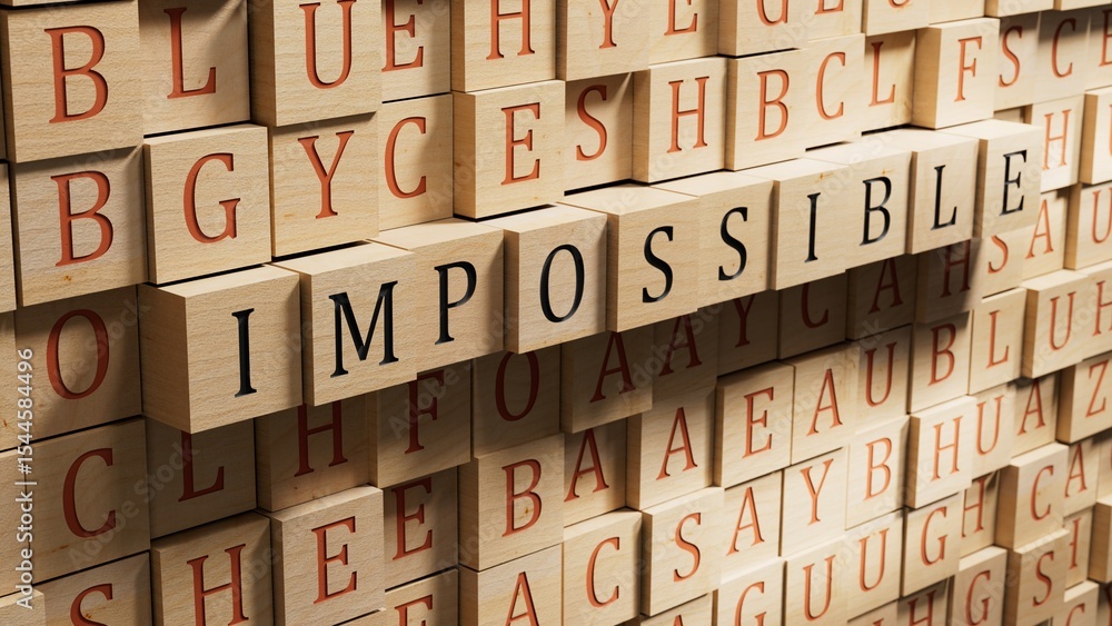 Poster impossible.wooden blocks spelling.flat lay view from above on wooden background with wooden blocks b
