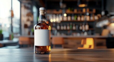 Glass Whiskey Bottle with White Label on Rustic Table. Product Mockup in Soft Focus Setting