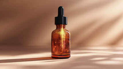 Naklejka premium Golden glow with natural shadow play. Amber dropper serum bottle in warm minimal setting. Perfect for skincare product ads, branding mockups, and wellness packaging design.