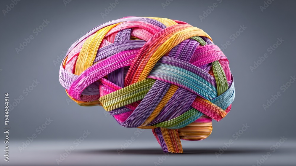 Poster Conceptual Representation of a Brain Formed by Intertwined Ribbons Showcasing Symbolic Tension and Creativity