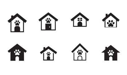 Simple set of paw print house icons representing pets pet care dog home