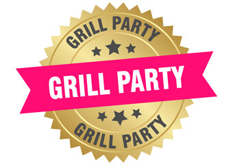 grill party. grill party round pink and gold label isolated on transparent background