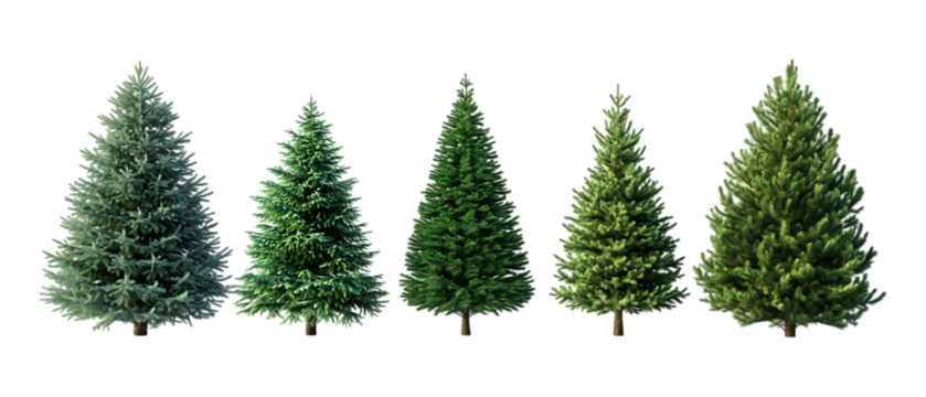 Pack Collection Five Evergreen Trees Growth Stages Isolated on White set against transparent background
