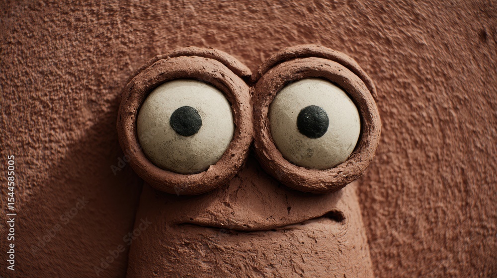 Poster clay character with wide eyes expresses curiosity against a simple textured background