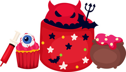 Red Devil Cake in Halloween Doodle Cake Vector Illustration