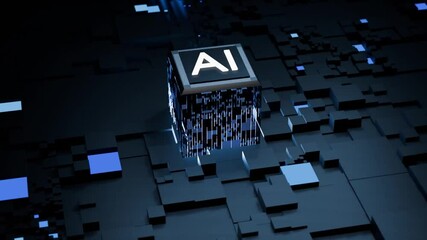 A futuristic AI chip, designed as a glowing cube, processes data on a dark, blocky circuit board as light beams signify its advanced operations.